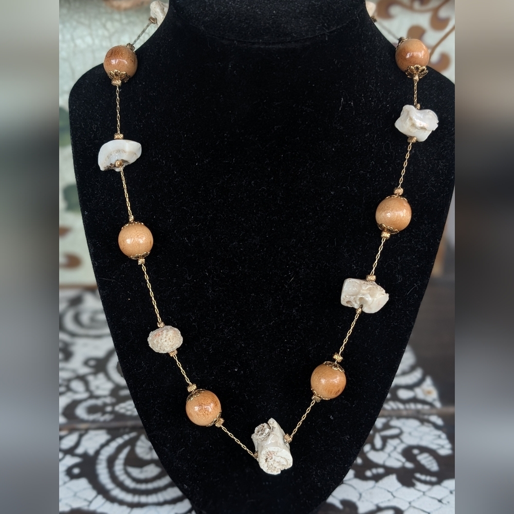 Elegant Vintage Gold and Wood And Real Coral Beaded Necklace